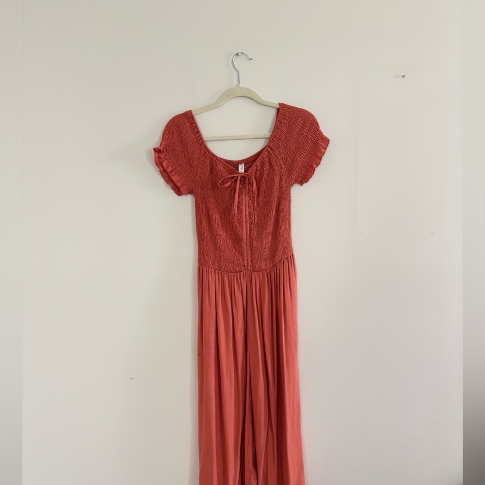 Coral Red Smocked Bodice Maxi Dress